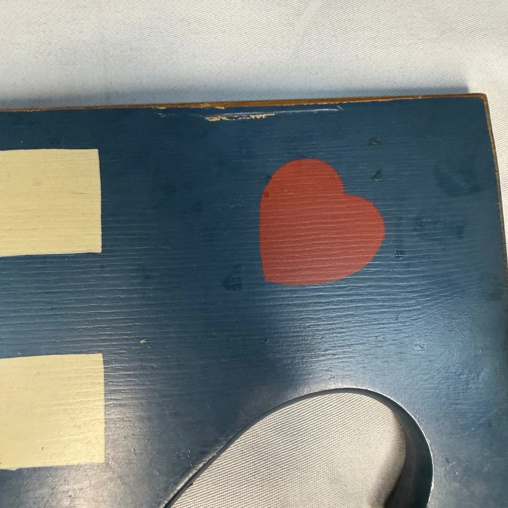 Vintage Wooden Checkerboard Serving Tray Heart Cutout Handles Navy granny core
